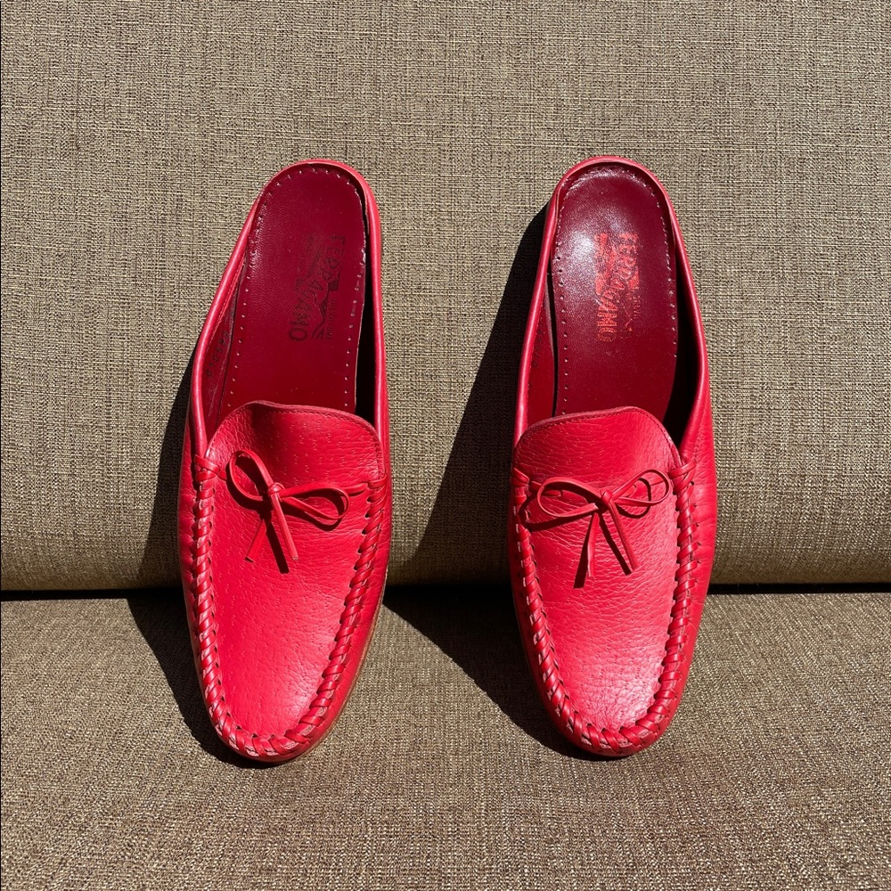 Vintage Salvatore Ferragamo Red Leather Slip-on Flat Moccassins, Size 10M